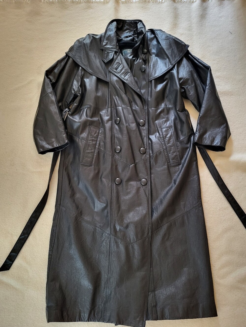 Vintage 80's-90's Black Leather Trench Duster Jacket Long Coat Men's Size Medium